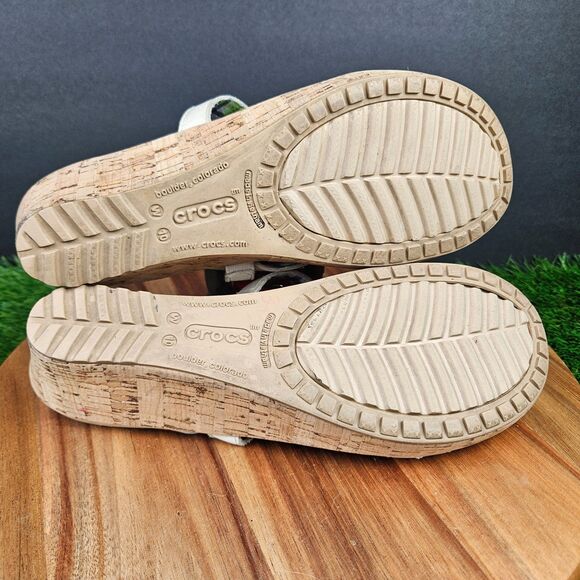 Crocs A Leigh Sandals Womens 10 Strappy Beige Slip On Casual Wedge Heels 11847 - Picture 12 of 13